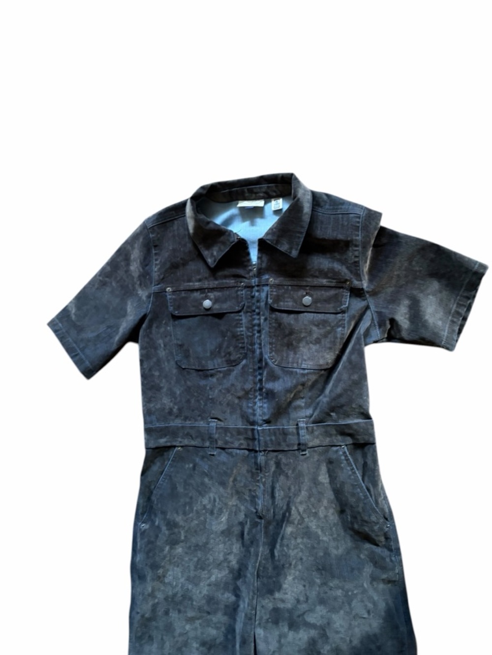 Short-Sleeve Gray Velvet Jean Jumpsuit - Picture 3 of 16